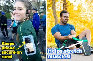 on left, reviewer wears blue arm band holding cell phone while running a marathon. on right, model uses green stretching strap on leg and foot after a run