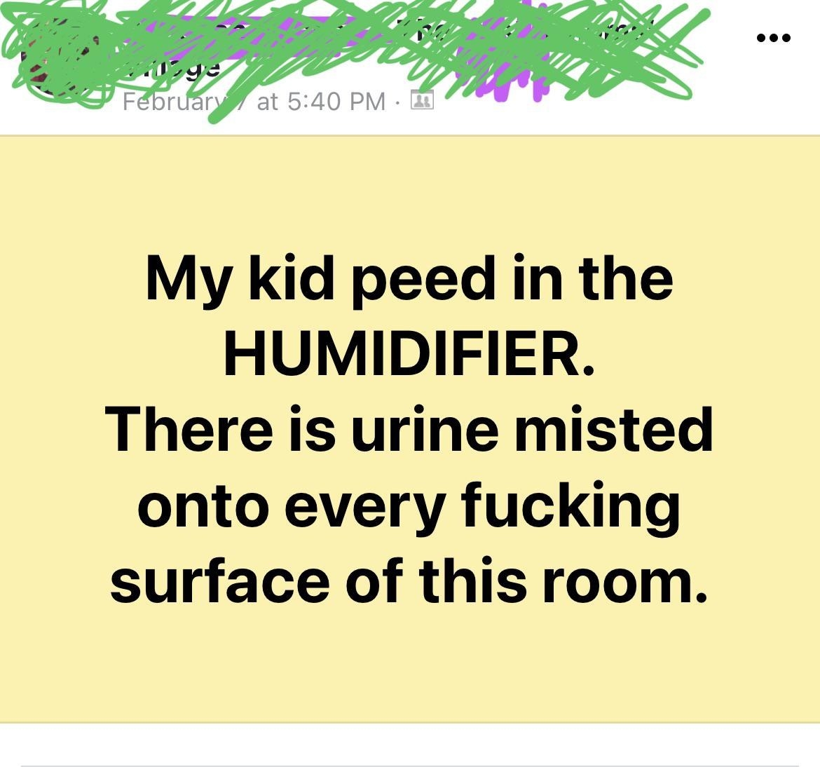 Kid peed in a humidifier and now urine is misted onto every surface of the room