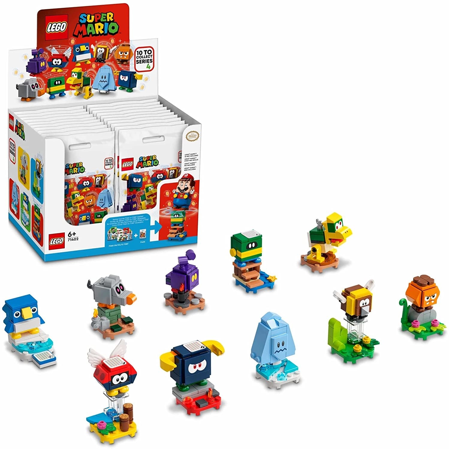 A bunch of Lego Super Mario characters in a row