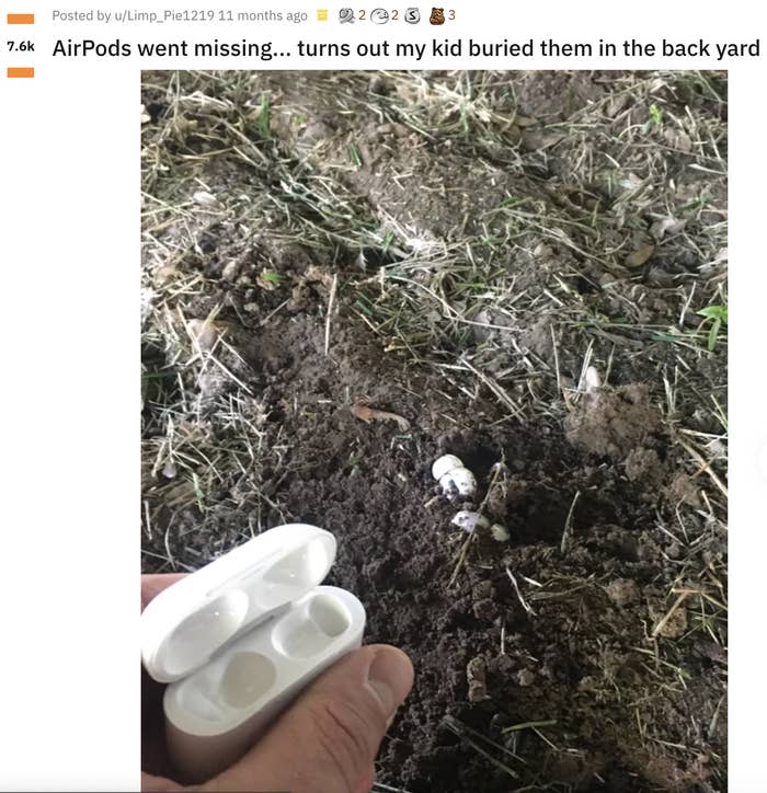 AirPods just visible in the soil, with a person holding an empty case