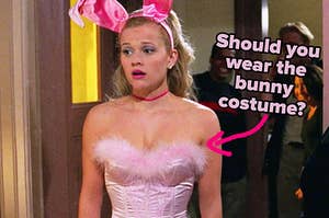 Elle Woods wears a brightly colored corset and matching bunny ears