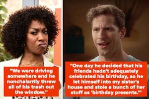Left: Ego Nwodim pulls her mouth up and narrows her eyes in "Saturday Night Live" Right: Andy Samberg as Jake Peralta opens his mouth and furrows his brow in "Brooklyn Nine-Nine"