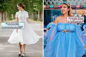 to the left: a model in a white collared vintage-styled dress, to the right: a reviewer in off the shoulder tulle blue dress