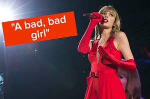 Taylor Swift sings into a microphone while wearing a halter dress and elbow length gloves