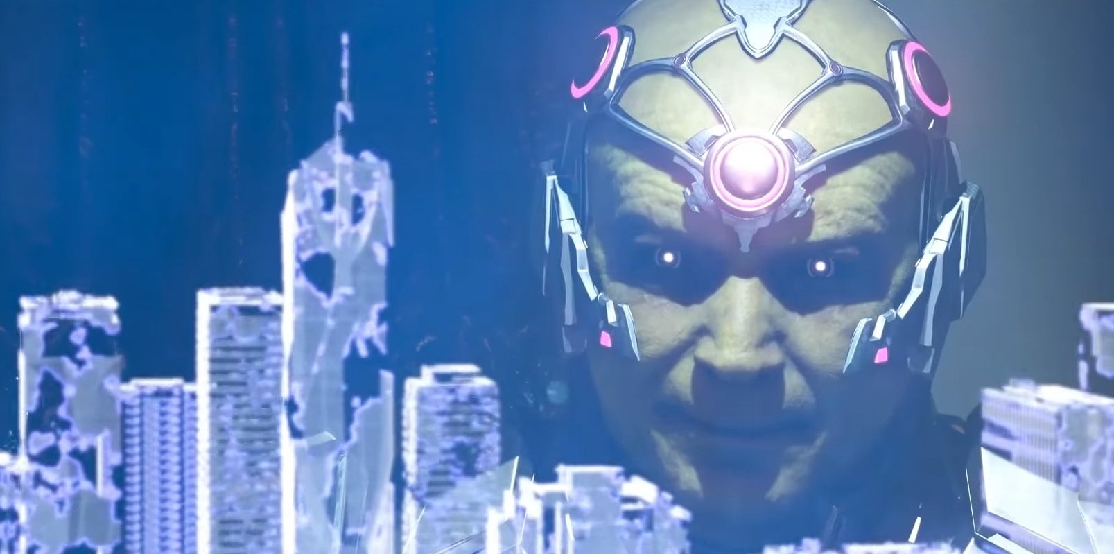 Brainiac looking at a shrunken city in "Injustice 2"