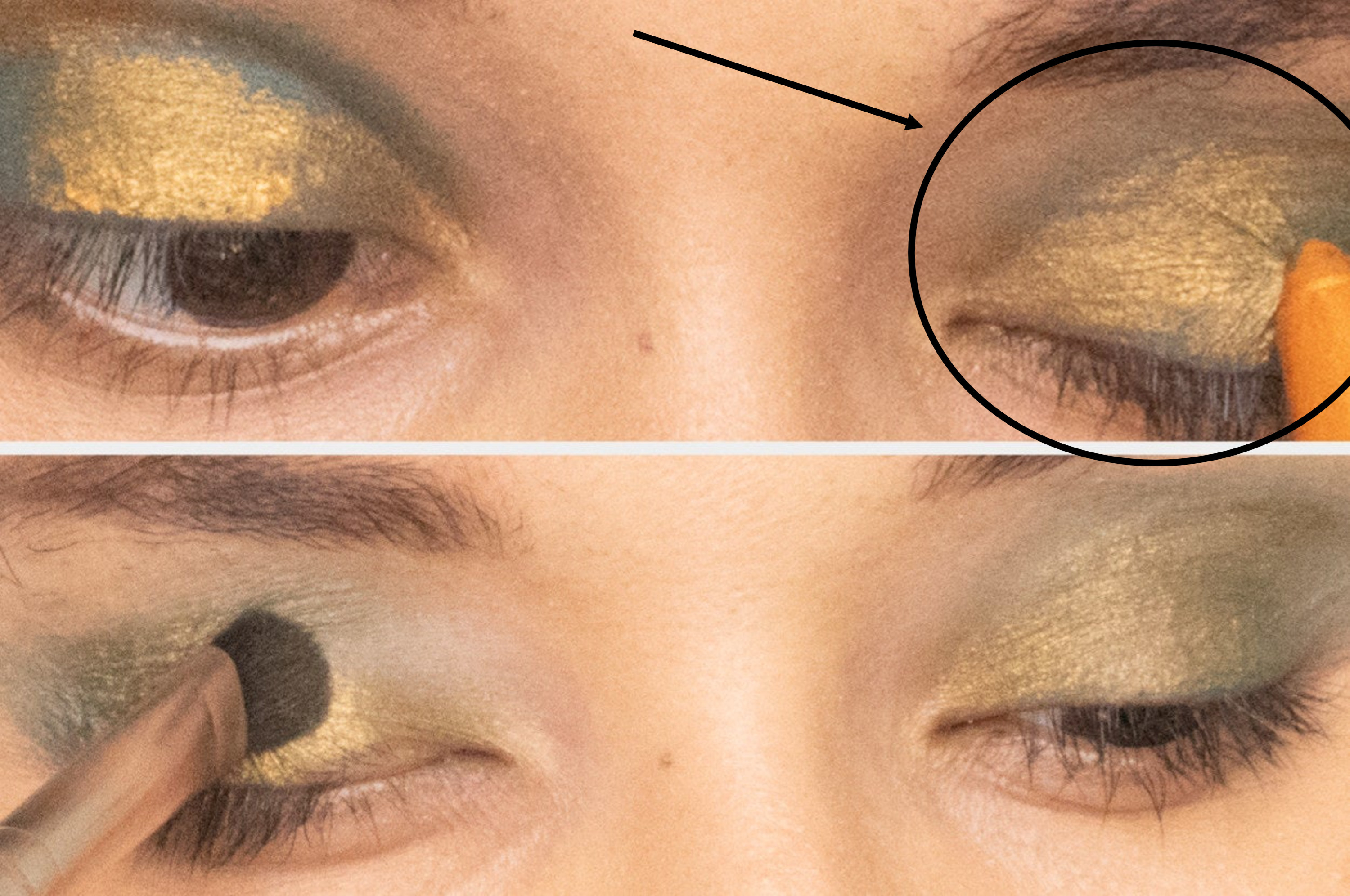split image of a woman applying shadowstick eyeshadow and blending it