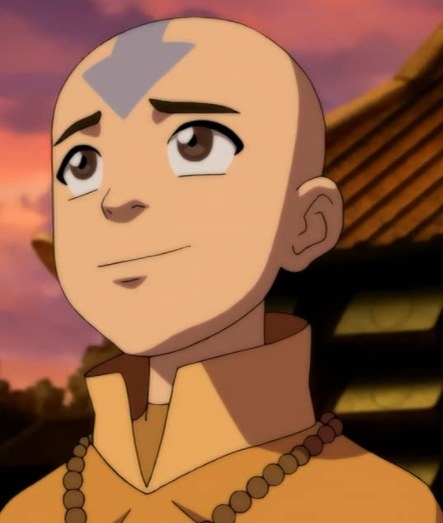 aang is a young boy who wears a beaded necklace and collared shirt. he looks up, brows raised, mouth in a line as if content