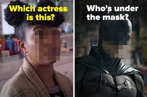 Two actors are pixelated labeled, "Which actress is this?" on the left and "Who's under the mask?" on the right