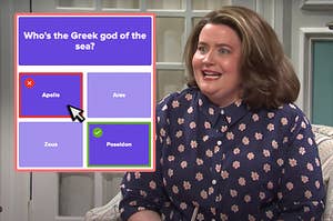 Aidy Bryant opening her eyes wide next to a screenshot of the question who's the Greek god of the sea
