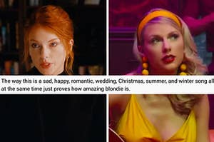 A close up of Taylor Swift with red hair and Taylor Swift wearing a brightly colored headband and dress