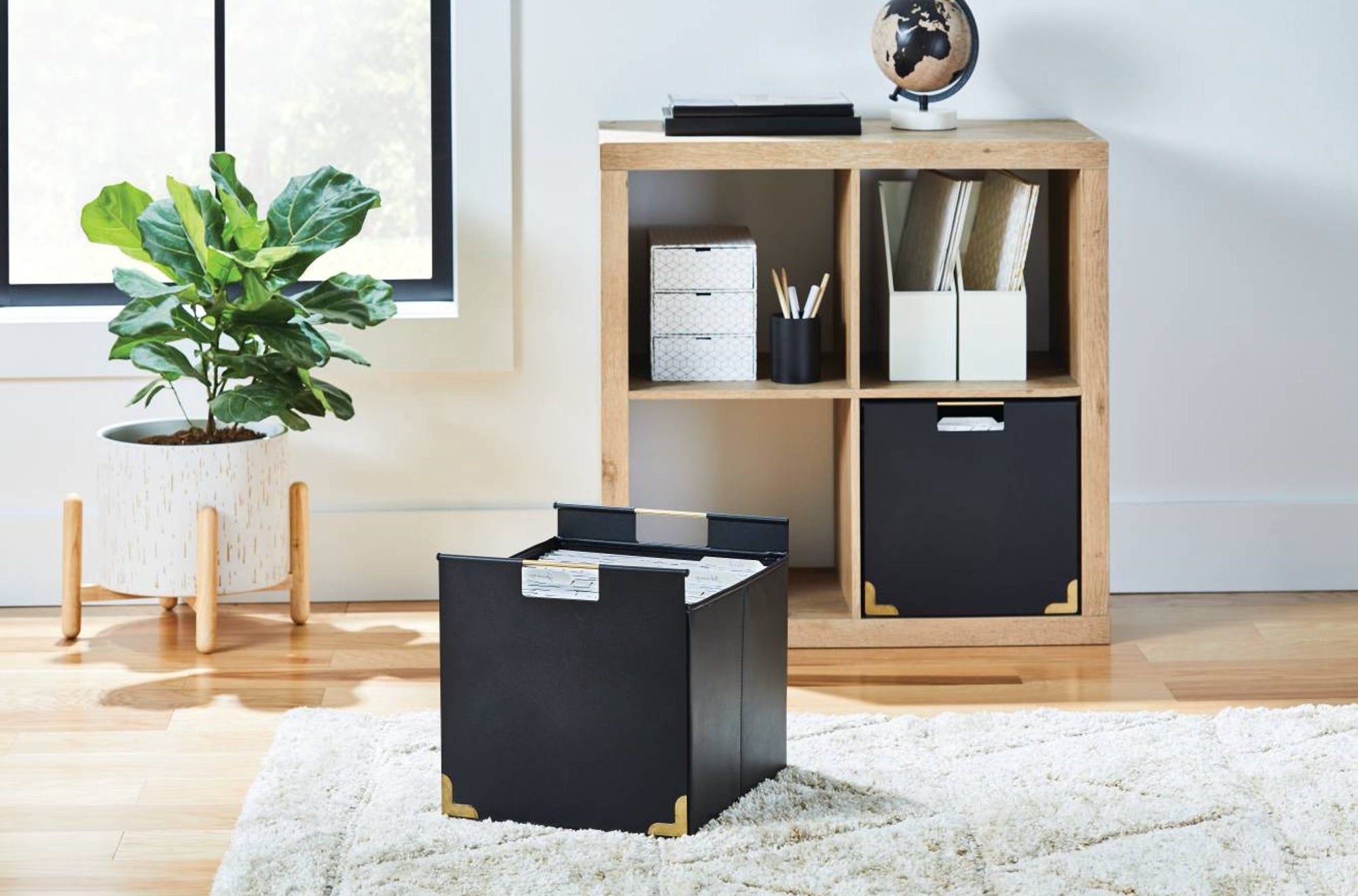 black square file folder bin with gold corner accent