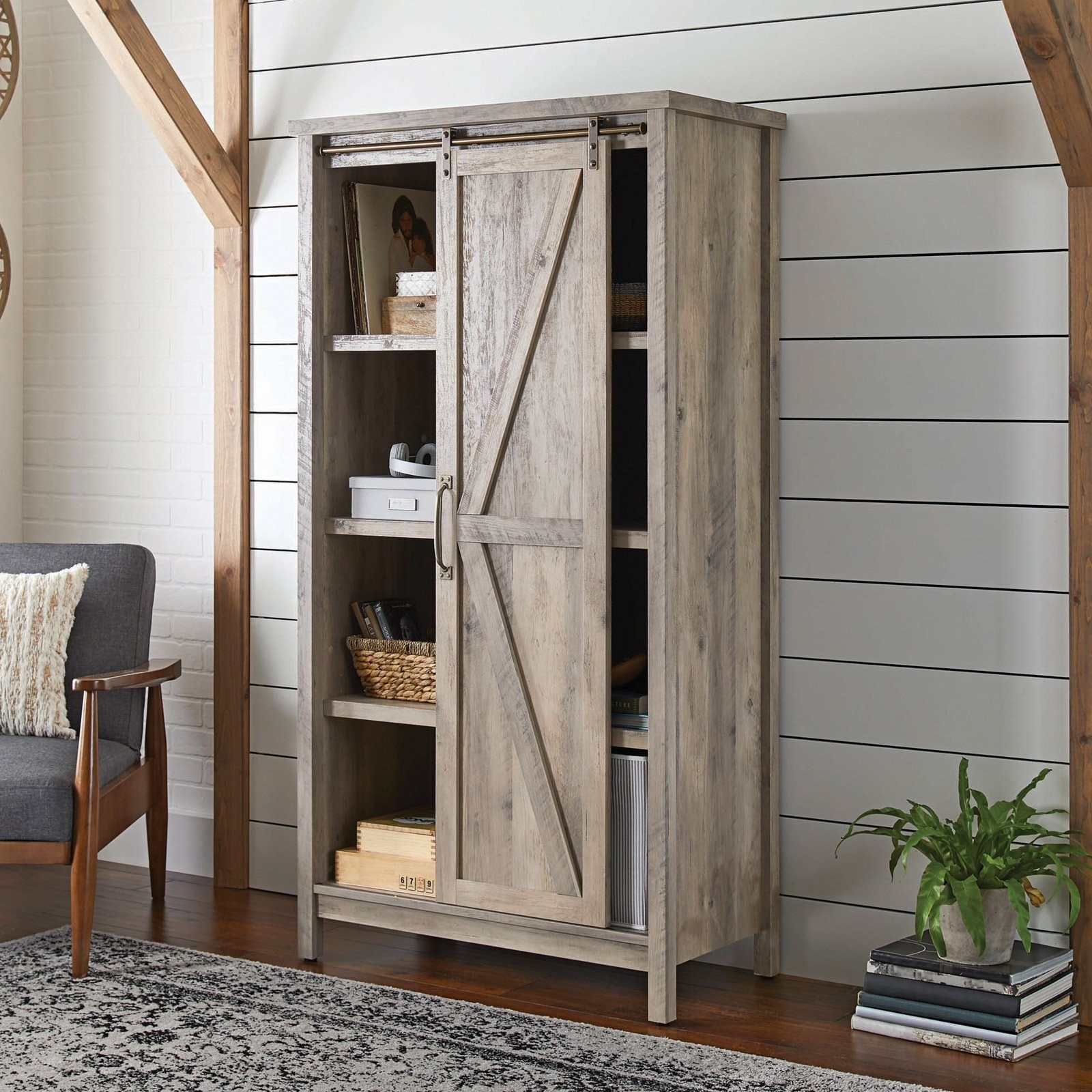 wooden tall storage cabinet with sliding barn door