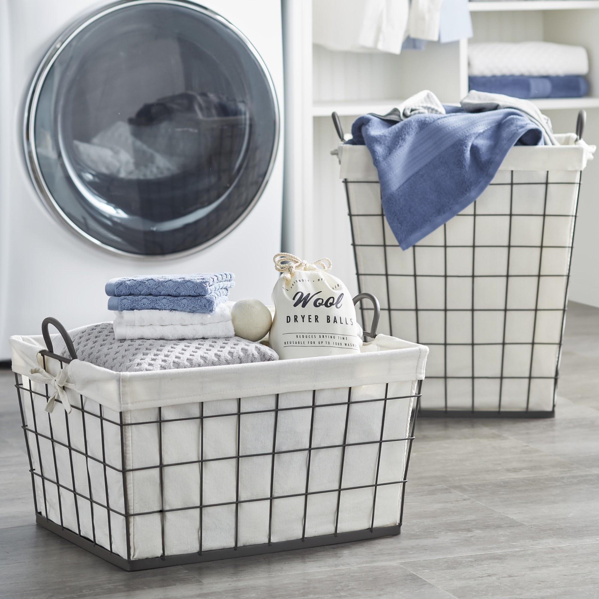 wire laundry baskets with white cloth liner