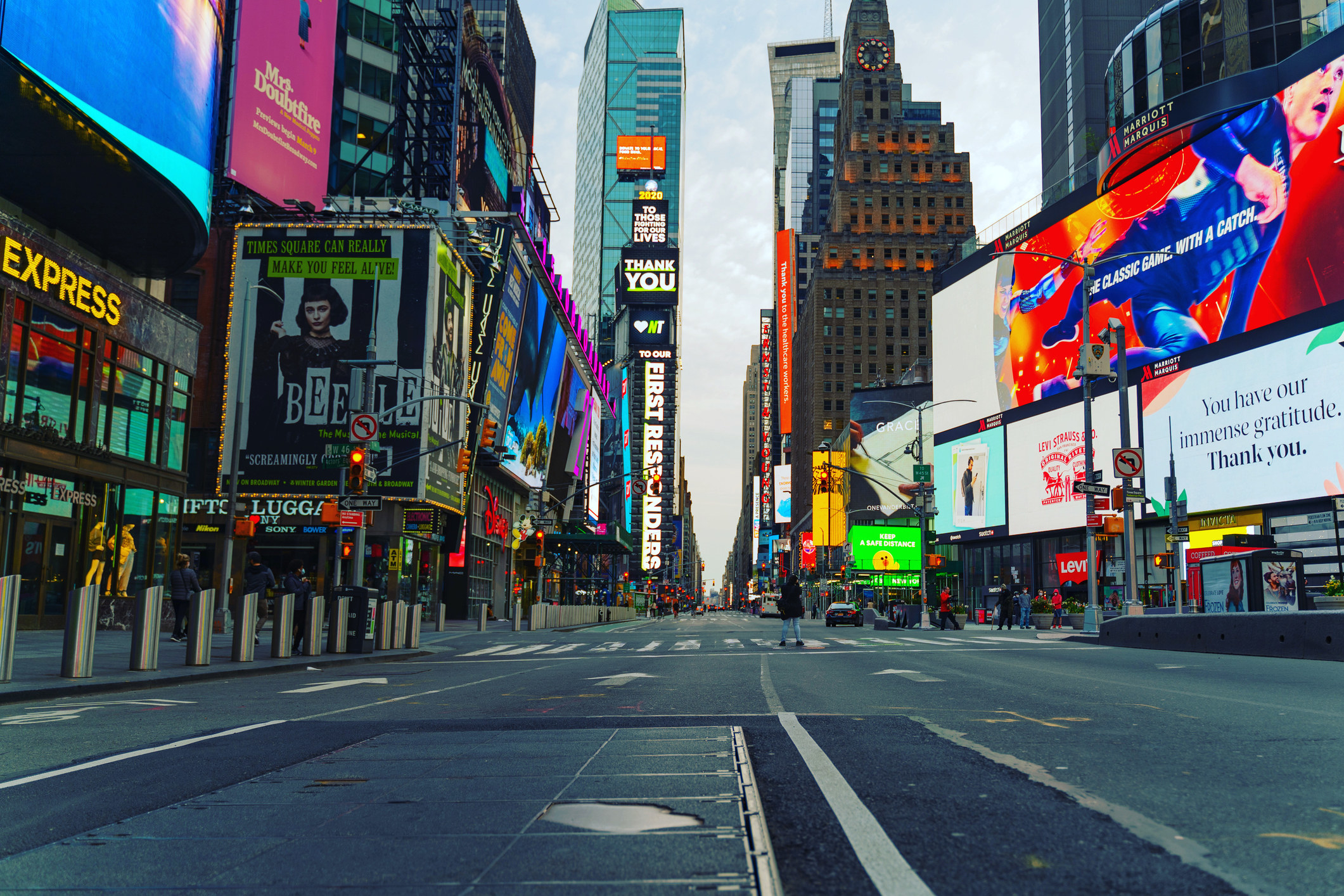 A view of eerily quiet and empty Times Square amid COVID-19