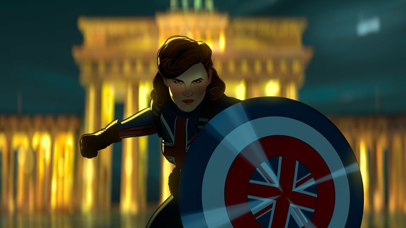 A close up of Captain Carter as she holds her Union Jack shield