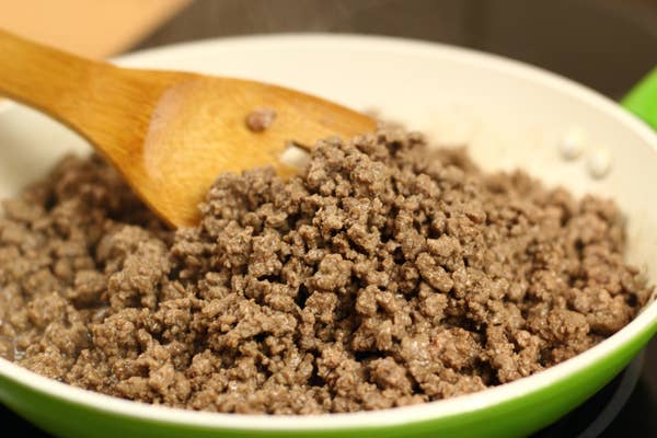 Ground beef in a skillet