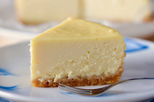 A close-up of a slice of cheesecake with a fork