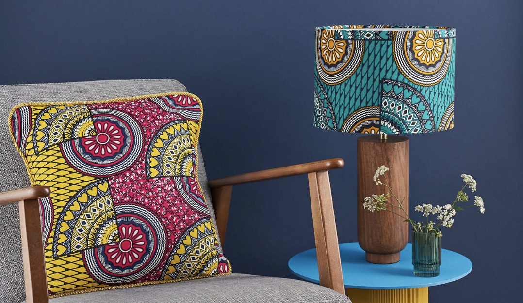 A patterned cushion and lampshade from Bespoke Binny&#x27;s range