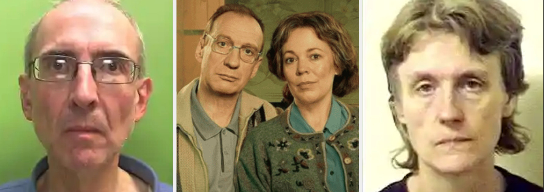Side-by-sides of David and Olivia as their characters, Susan and Chris Edwards