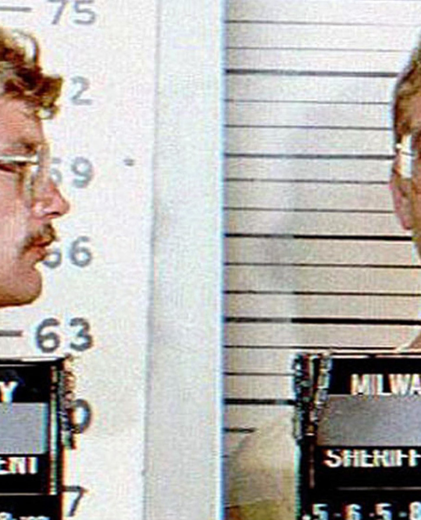 Jeffrey Dahmer&#x27;s mug shot wearing silver rimmed glasses and a mustache