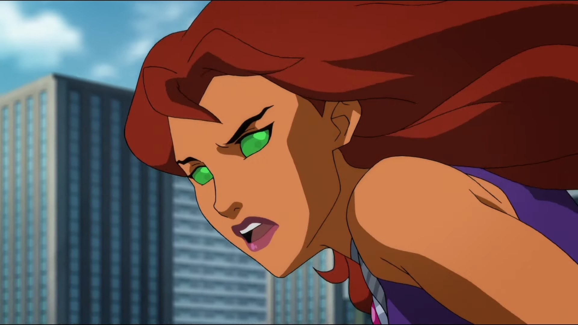 Starfire flying through the city in &quot;Teen Titans: The Judas Contract&quot;