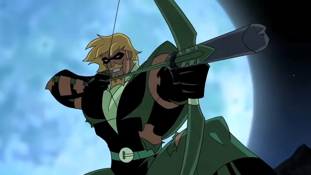 Green Arrow about to fire an arrow with the moon behind him in &quot;Justice League&quot;