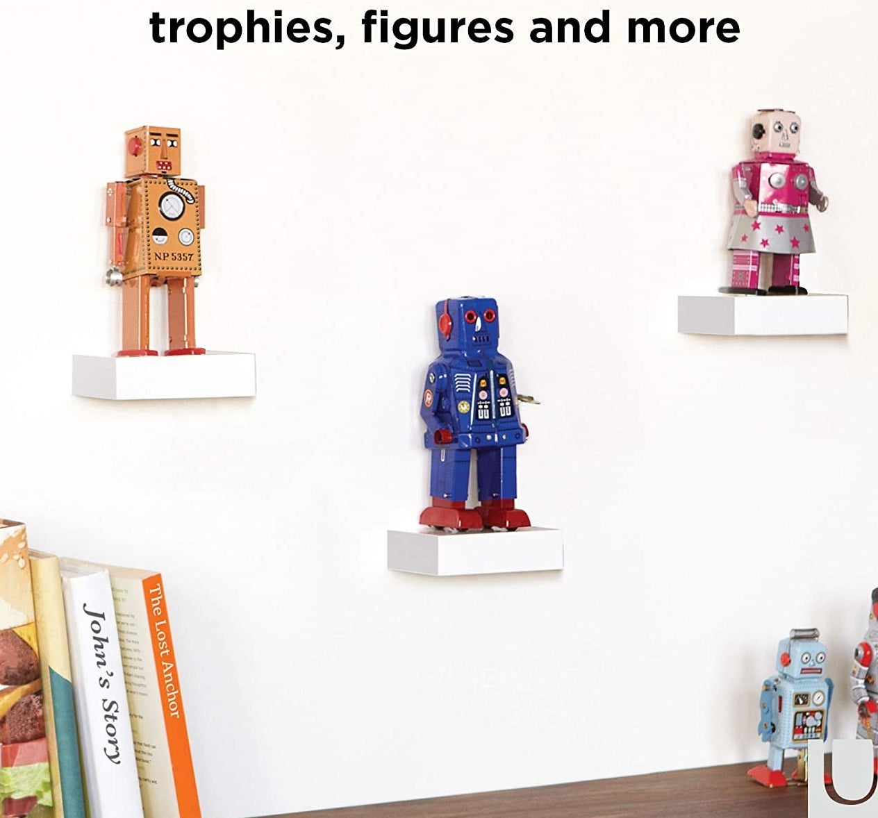 Three shelves mounted, all holding a toy robot