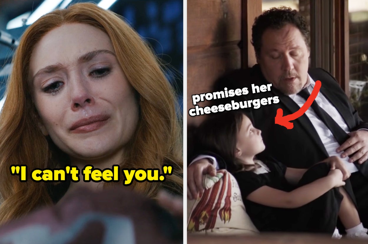 On the left, Wanda from WandaVision says I can't feel you, and on the right, Happy Hogan wraps his arm around Morgan in Avengers: Endgame with an arrow pointing to Morgan and promises her cheeseburgers typed over her head