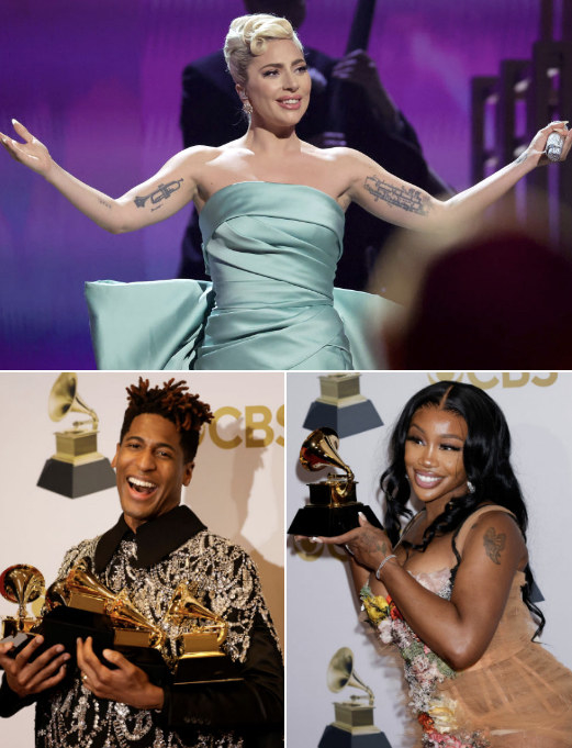 Lady Gaga performing at the 2022 Grammys; Batiste and SZA holding their Grammy awards at the 2022 Grammys