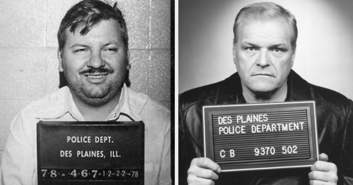 Side-by-side of John Wayne Gacy and Brian Dennehy