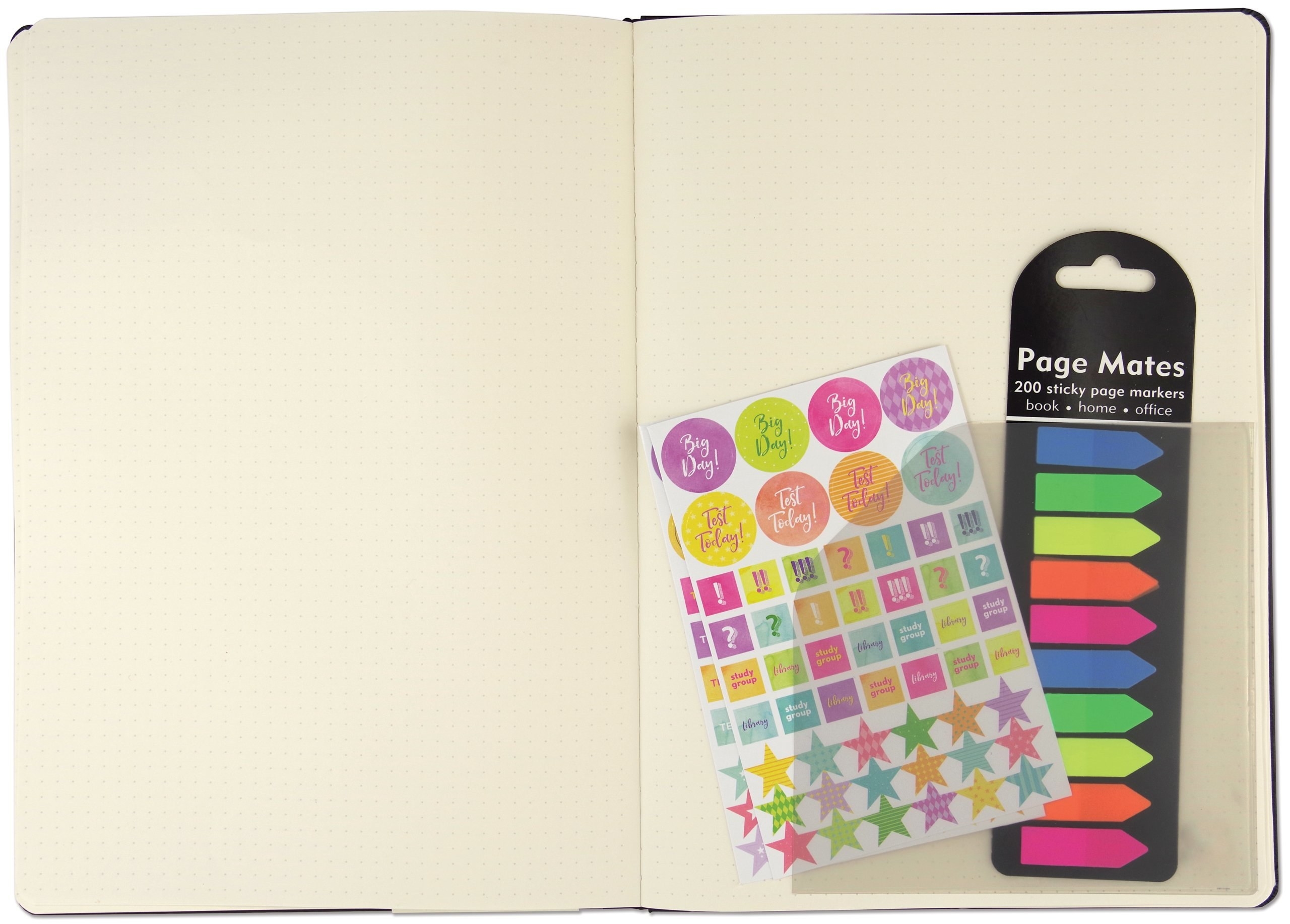 An open notebook with a vinyl pocket in the bottom corner of the page holding stickers