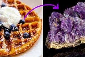 A blueberry waffle is on the left with amethyst on the right