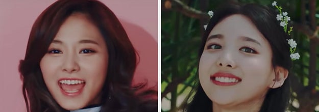On the left, Twice dancing in a music video with the correct answer Knock Knock selected, and on the right, Twice in a music video with Fancy selected, which is the wrong answer