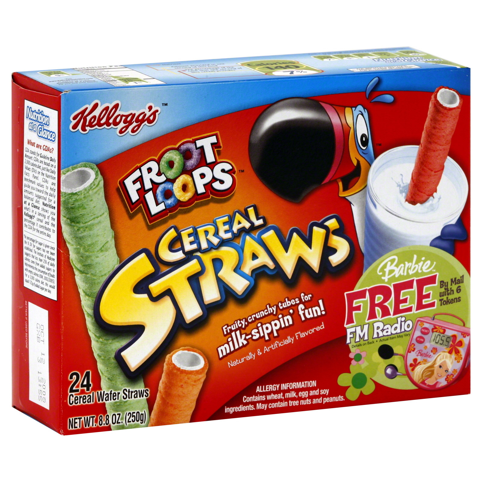 box of froot loops cereal straws featuring an animated toucan holding a cup of milk with a straw made of cereal portruding from it