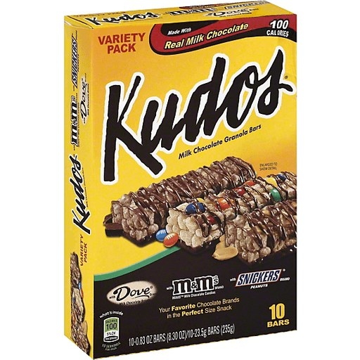 box of kudos featuring an image of the logo and three granola bars drizzled with chocolate
