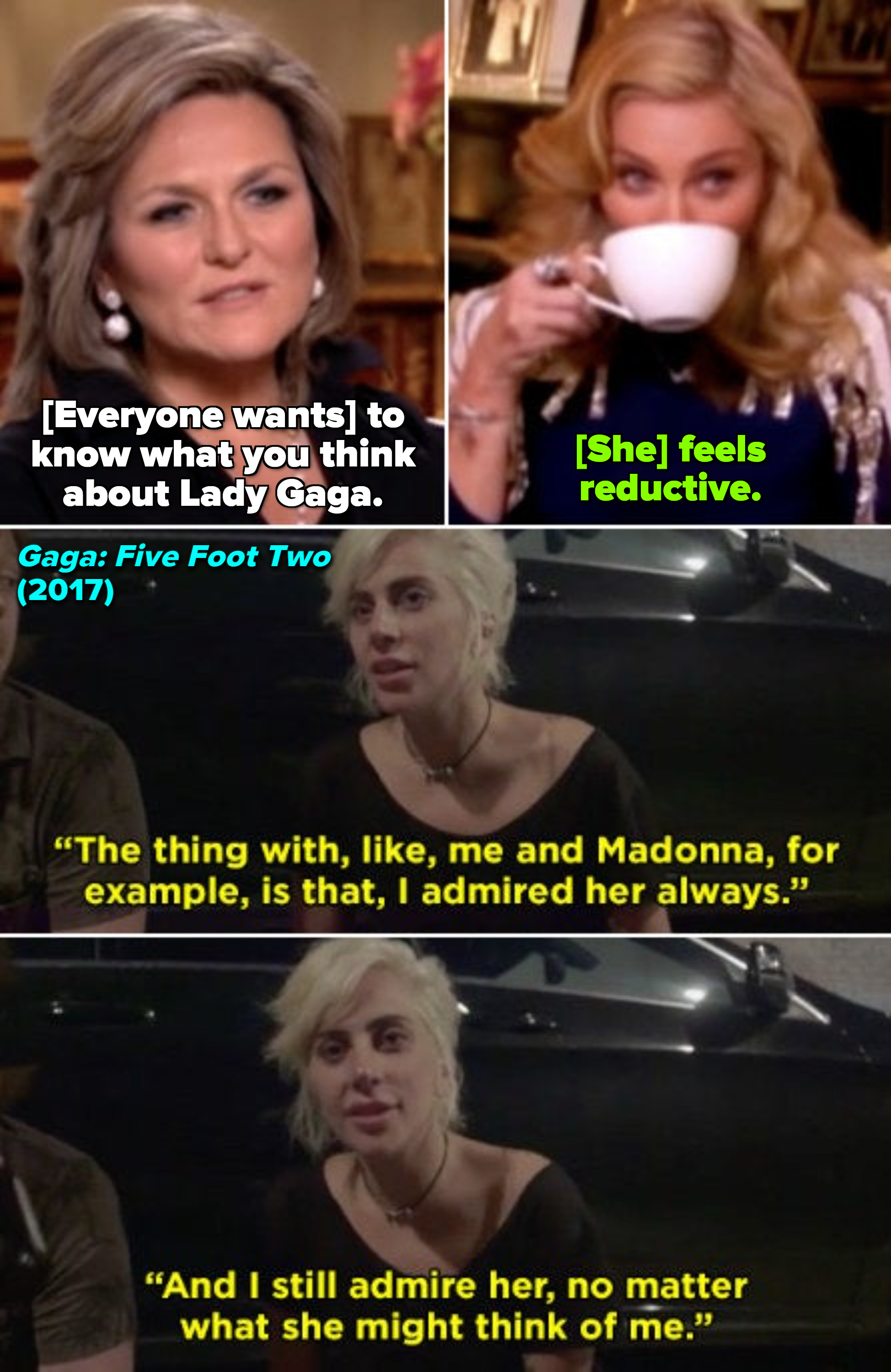 Madonna saying Gaga is &quot;reductive&quot; in an interview; Gaga in &quot;Gaga: Five Foot Two&quot; saying: &quot;I admired [Madonna] always, and I still admire her&quot;