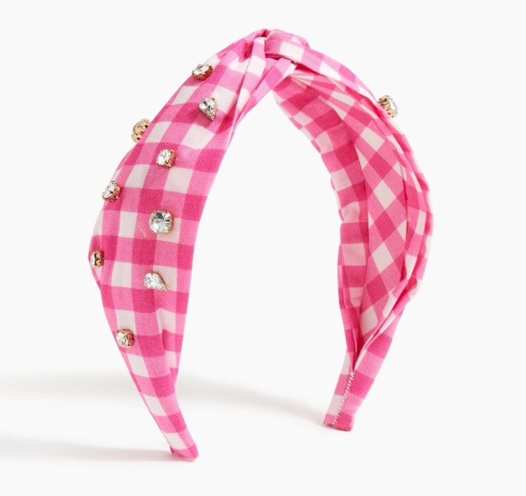 The gingham crystal headband in a neon flamingo color