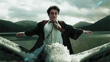 A gif of Harry riding a hippogrif.