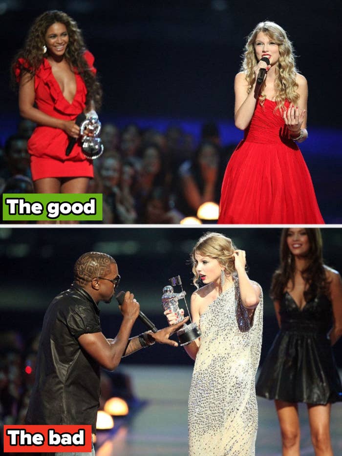 Beyoncé giving Taylor Swift a platform for her acceptance speech at the 2009 VMAs; Kanye West interrupting Swift&#x27;s speech
