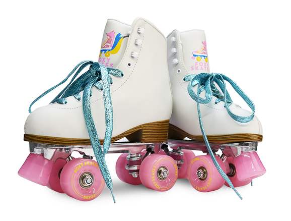 white skates with blue sequin laces and pink wheels