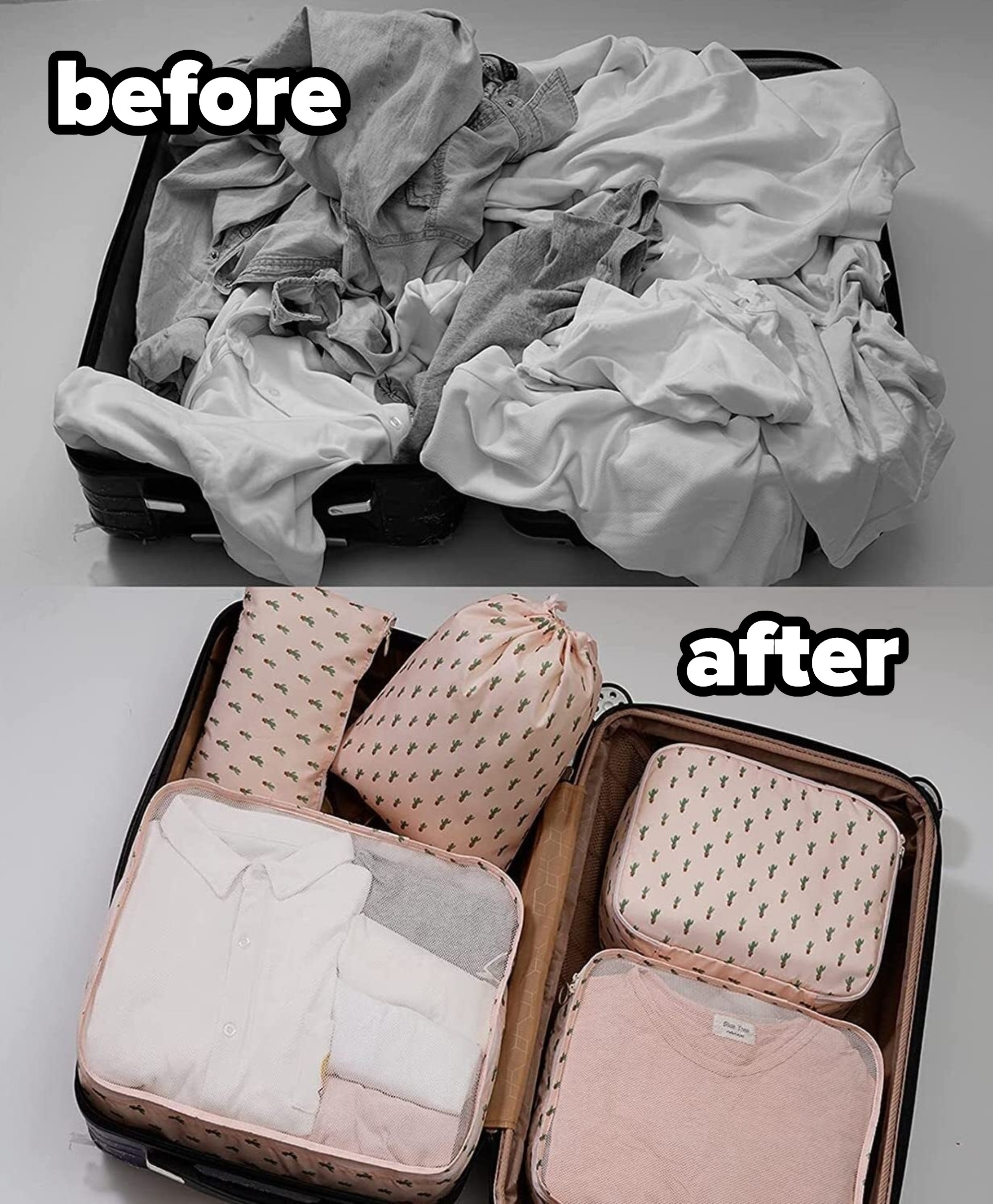 A before and after of a messy suitcase and then with the packing cubes