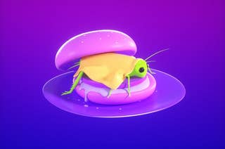 An illustration of a cricket under some melted cheese on a bun