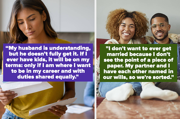 A woman looking stressed; a couple smiling