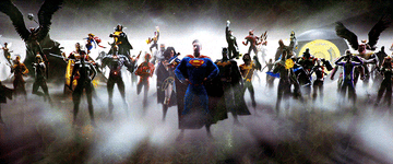Multiple characters from DC Comics lined up in the opening montage to DC Films