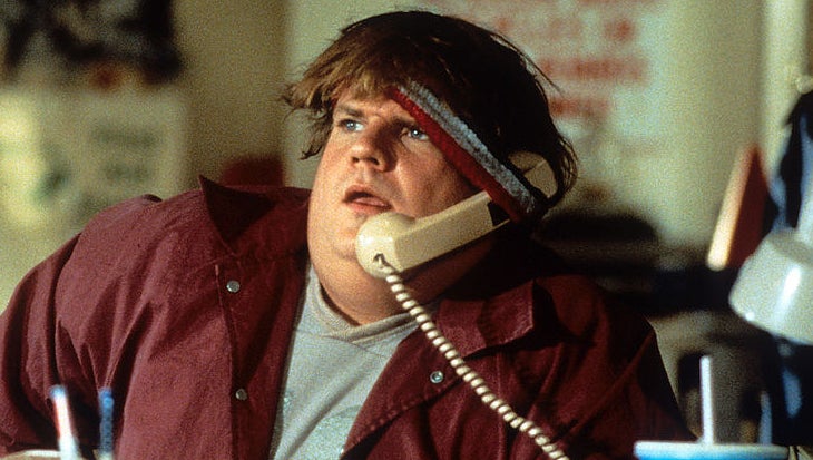 Chris Farley using a landline strapped to his head.