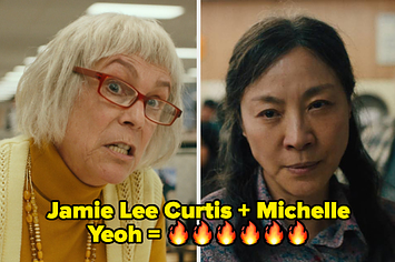 Jamie Lee Curtis with short white hair and red glasses, and Michelle Yeoh looking angry