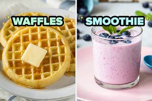On the left, some toaster waffles topped with butter and syrup, and on the right, a blueberry smoothie in a glass