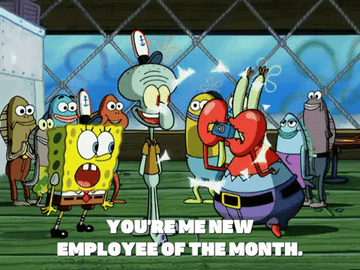 Spongebob is in shock as Mr. Krabs awards Squidward as the new employee of the month in &quot;Spongebob Squarepants&quot;