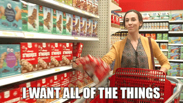 Gif of person throwing several boxes of food in cart