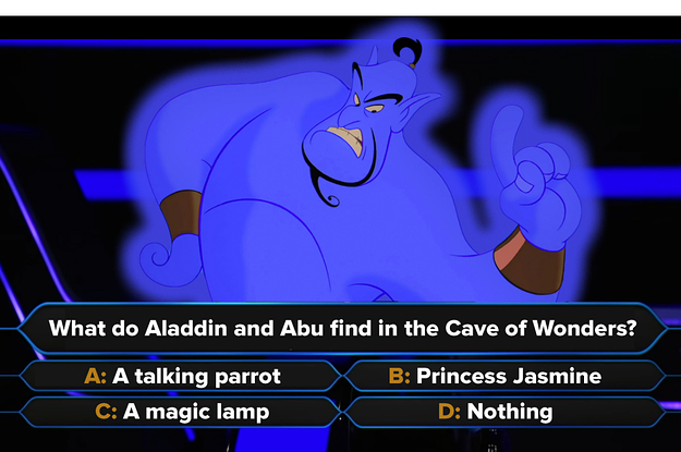A trivia question asking what Aladdin and Abu find in the Cave of Wonders with the Genie looking like he's about to choose an answer